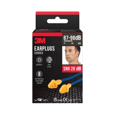 3M Tapones para Oidos con Cordon - Forma de Tres Anillos - Reutilizables - Lavables - SNR 26dB - Color Naranja