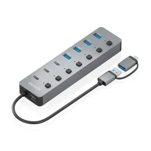 Aisens Hub USB 3.1 Gen1 - 4xUSB-A y 4xUSB-C con Botones de Encendido - 30cm - Gris