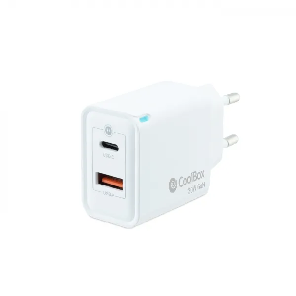 Coolbox Cargador USB GAN 30W 1xUSB-C PD 1xUSB-A Color Blanco