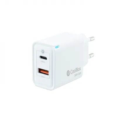Coolbox Cargador USB GAN 30W 1xUSB-C PD 1xUSB-A Color Blanco