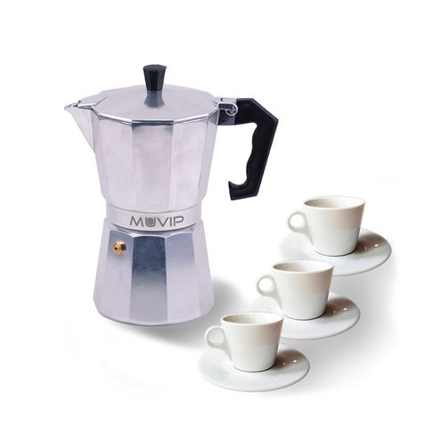 Muvip Mv0600 Cafetera De Aluminio - Capacidad 3 Tazas - Mango Ergonomico - Antiadherente - Apta Para Placas Electricas, Vitroceramicas Y Gas - Color Aluminio