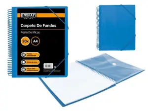 Ingraf Carpeta 20 Fundas A4 + Sobre con Broche - Espiral Plastica Indeformable - Apertura 360 Grados - Portada Personalizable - Color Azul