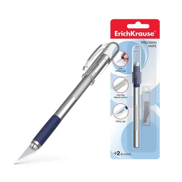 Erichkrause Cuchilla De Precision Para Cortes De Papel - Cuerpo Metalico Con Agarre De Goma - Cuchilla Segmentada De Acero - Resistente A La Corrosion - Incluye 2 Cuchillas De Repuesto