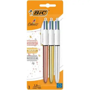 Bic Pack de 3 Bolígrafos Retráctiles 4 Colores - Punta 1mm, Trazo 0.4mm, Cuerpo Oro, Plata y Oro Rosa