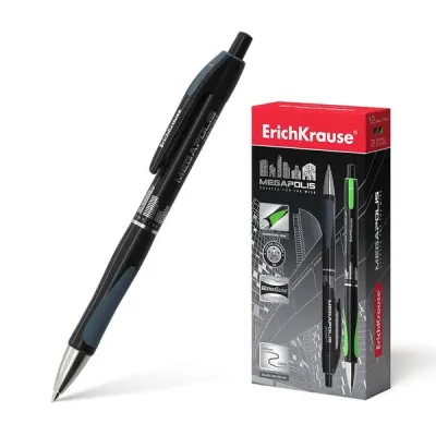 ErichKrause Bolígrafo Automático Megapolis Concept, Cuerpo Satinado, Punta de 5 Canales, Tinta de Secado Rápido, Color Negro