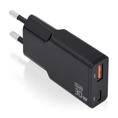 Aisens Cargador GaN Ultra Delgado 30W USB-C PD3.0 QC4.0 y USB-A QC3.0 Negro