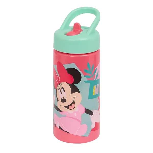 Safta Botella Minnie Mouse 410ml con Pajita, Válvula de Agua y Asa, Rosa