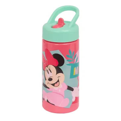 Safta Botella Minnie Mouse 410ml con Pajita, Válvula de Agua y Asa, Rosa