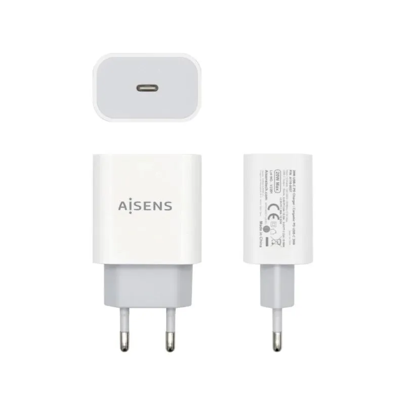 Aisens Cargador USB-C PD 3.0 20W Alta Eficiencia 5V/3A 9V/2.2A 12V/1.66A Blanco