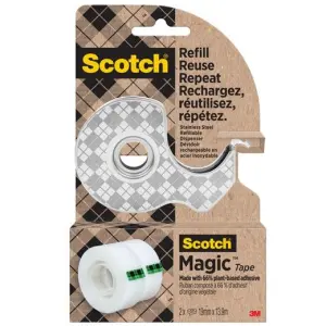 Scotch Dispensador Recargable de Acero Inoxidable para Cinta Adhesiva + 2 Rollos 19mm x 13,9m