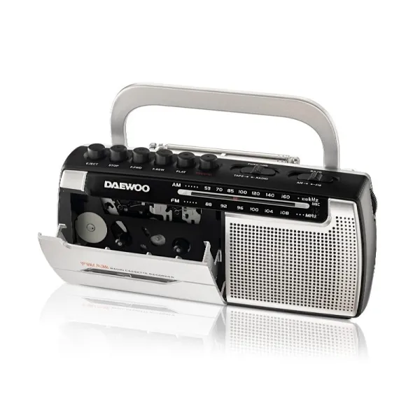 Daewoo Radio Grabadora Cassette AM/FM con Micrófono y Altavoz Integrado, Color Gris