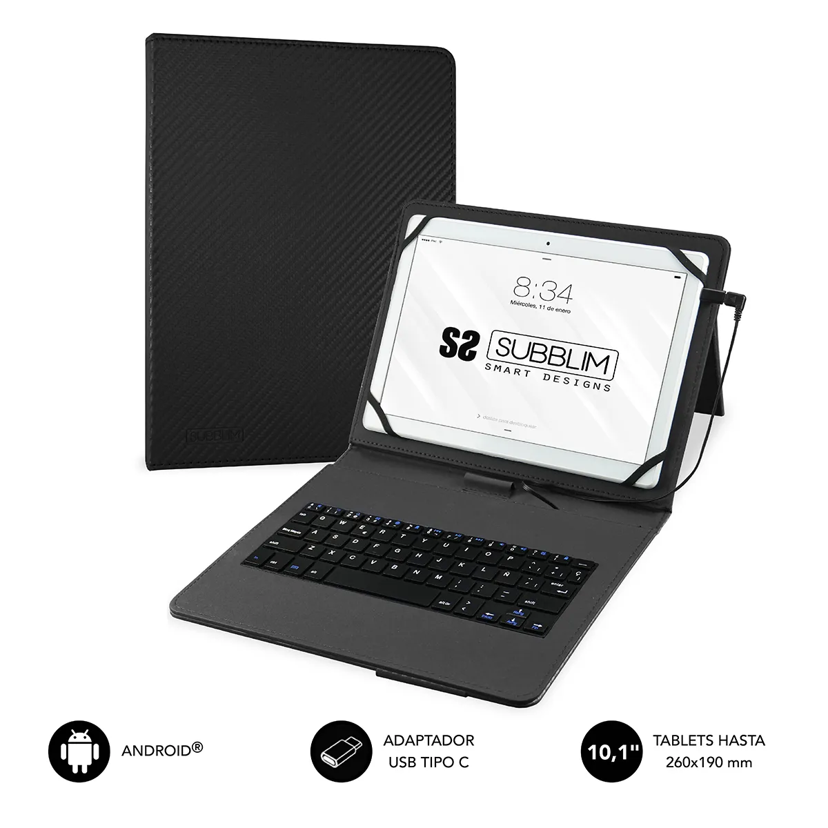 Subblim Keytab Pro USB - Teclado con Funda Universal para Tablets - Comodidad y Flexibilidad al Escribir - Angulo Ideal para Escribir o Ver Videos - Atril Magnetico - Color Negro