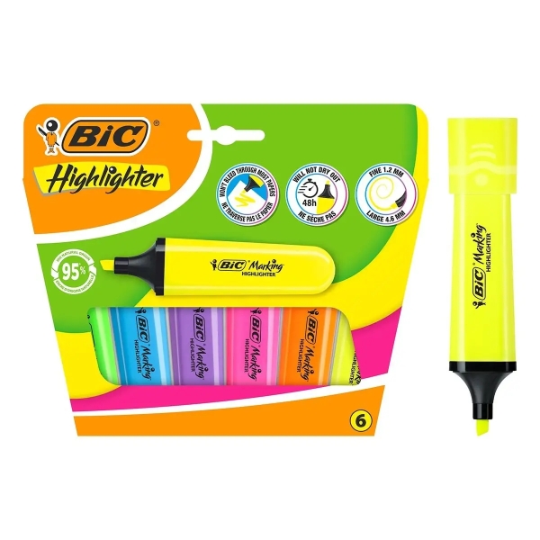 Bic Marking Highlighter Flat Pack De 6 Marcadores Fluorescentes - Punta Biselada - Trazo Entre 1.20 Y 4.60 Mm - Tinta Con Base De Agua - Colores Surtidos