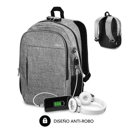 Subblim Mochila Urban Lock System - Para Portatiles De Hasta 16" - Bloqueo Antirrobo - Correas Ergonomicas - Espalda Con Sistema Airflow - Doble Cremallera - Bolsillos Laterales De Malla - Puerto Usb - Salida De Auriculares - Color Gris