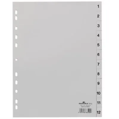 Durable Índices PP Con Pestañas Impresas División Numérica 1-12 Vertical A4 Gris