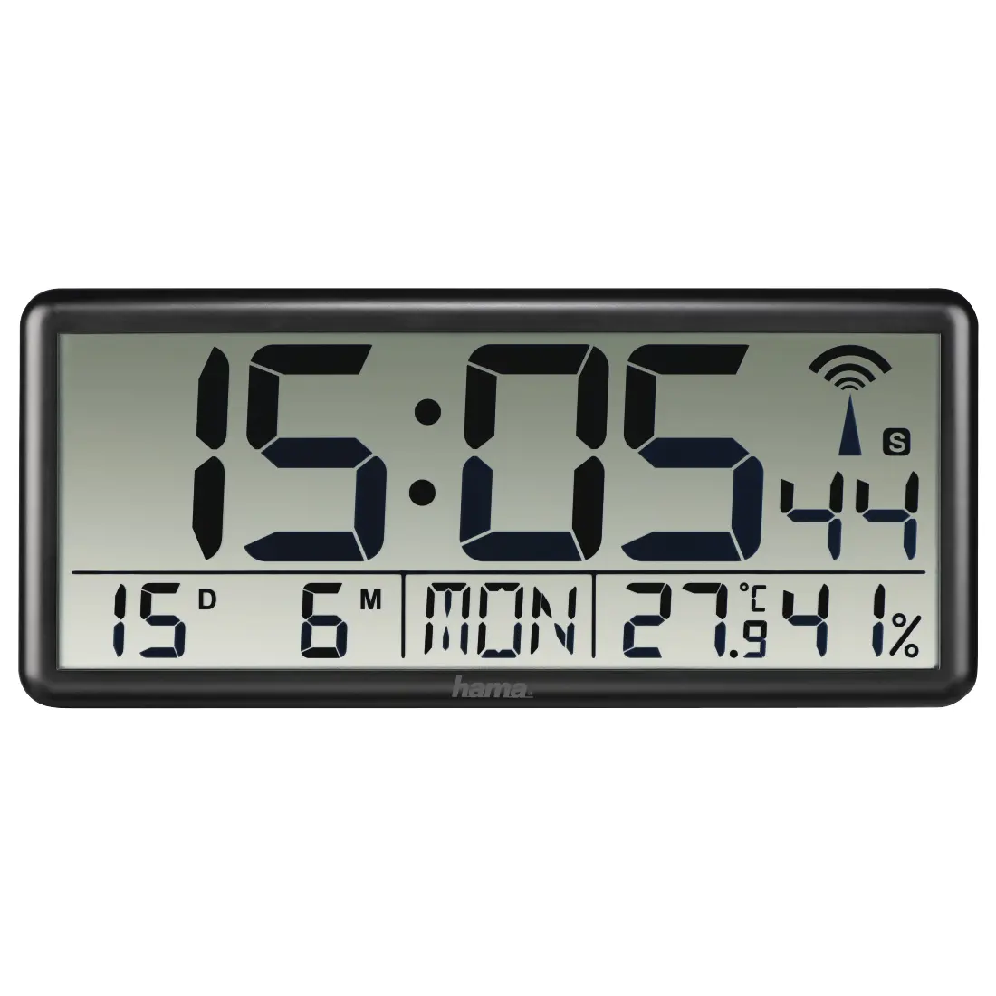 Hama Jumbo Reloj de Pared Digital con Termómetro, Higrómetro y Radio, 36x16x3cm, Negro