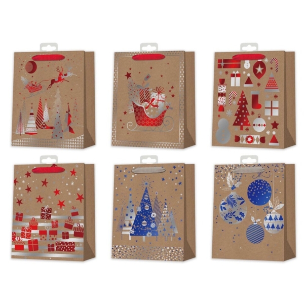 Bismark Bolsa De Papel Kraft Navidad - Impresion Foil - 6 Diseños Diferentes