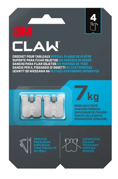 3M Claw Pack de 4 Ganchos de Metal para Paredes de Yeso, Soporta 7kg, Gris/Titanio