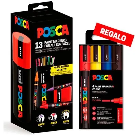 Posca Marcador (Pc-5M / Pc-3M / Pc-5Br) Set 13 Colores Lata Metálica + Regalo Pc-5M/4C Estuche 4 Colores Basic