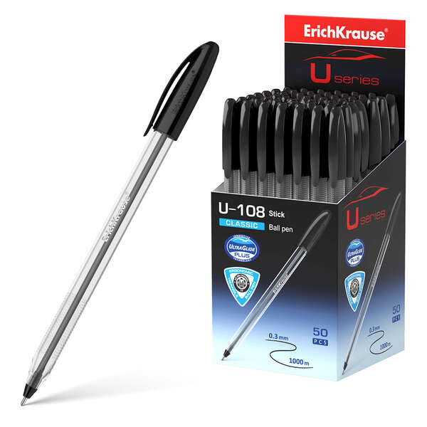 Erichkrause U-108 Boligrafo Clasico - Punta De Bola 1.0Mm - Trazo De 0.3Mm - Tapa Ventilada - Ultra Glide Technology - Color Negro