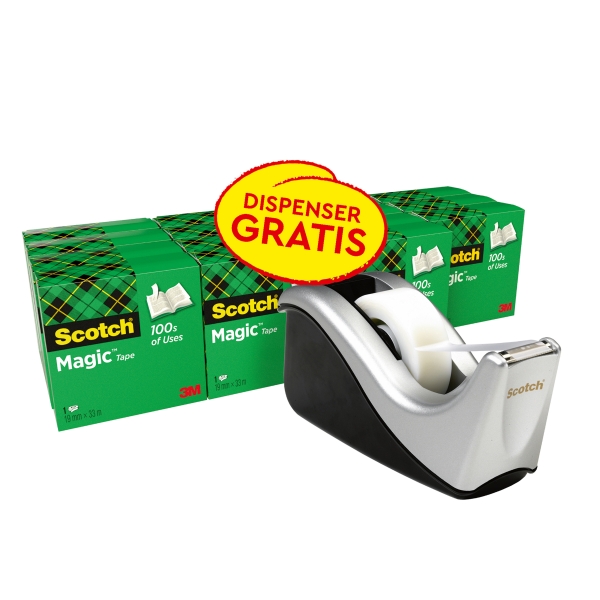Scotch Magic Pack De 16 Cintas Adhesivas Invisibles 19Mm X 33M + Dispensador Gratis - Color Del Dispensador Negro/Gris