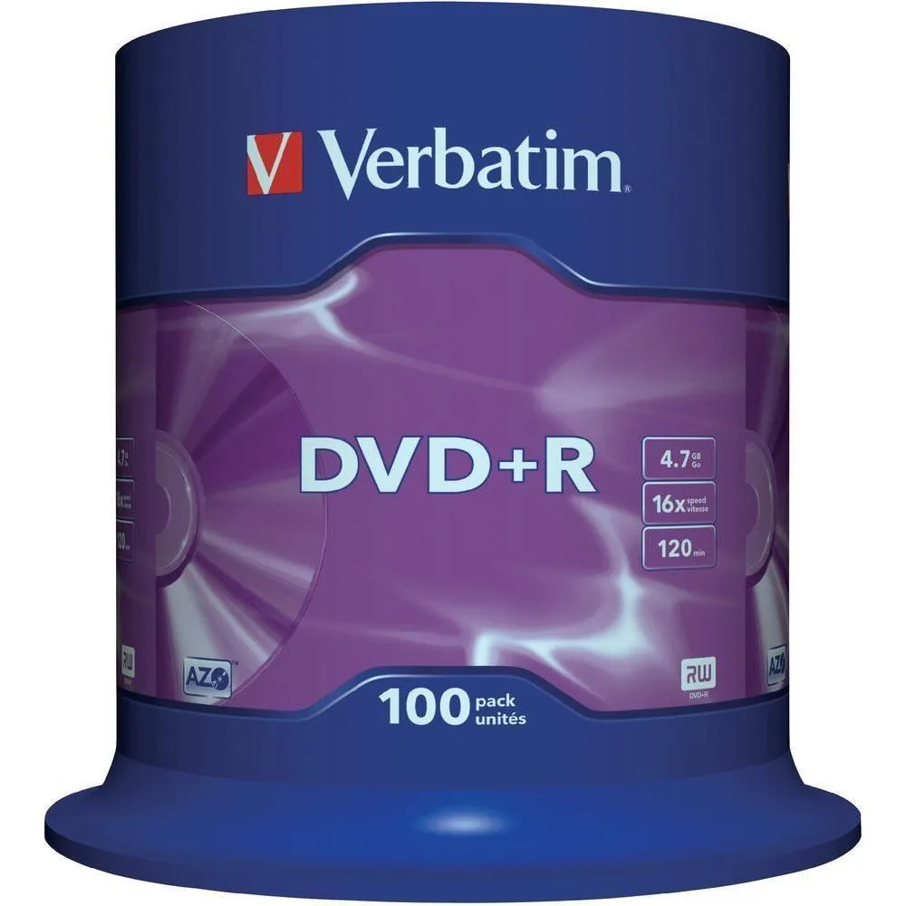 Verbatim DVD+R 4.7GB 16X 100 Pack Spindle Superficie Mate Plata