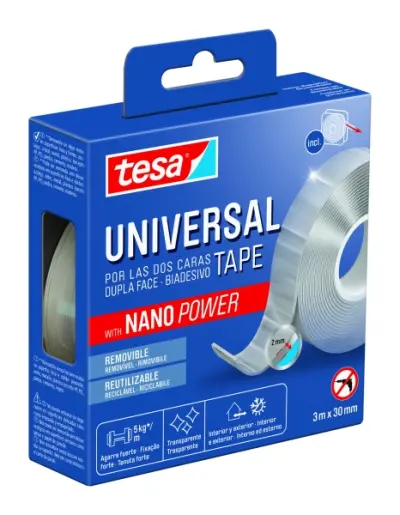 Tesa Cinta Doble Cara Nano Power 30mm x 3m - Soporta Cargas Pesadas, Reutilizable