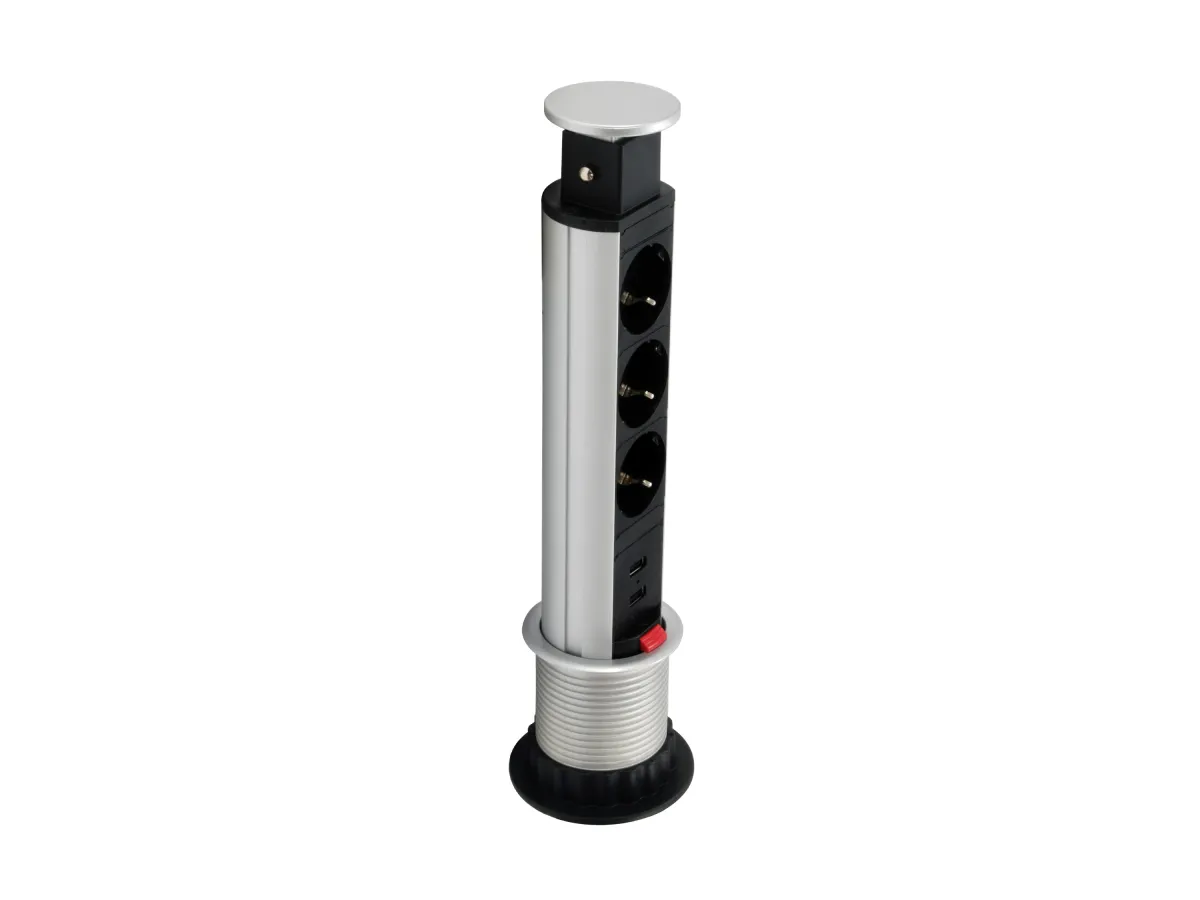 REGLETA EQUIP POP-UP PARA MESA 3 TOMAS + 2 PUERTOS USB CON INTERRUPTOR ALUMINIO DIAMETRO 60MM