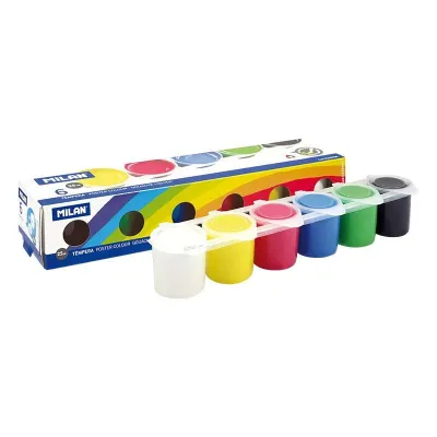 Milan Pack de 6 Botes de Témpera 25ml con 1 Pincel - Secado Rápido - Colores Surtidos