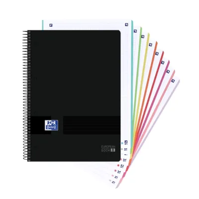 Oxford Cuaderno Espiral A4+ 160 Hojas Cuadricula 5x5, 8 Bandas Color, Tapa Plástica Negra