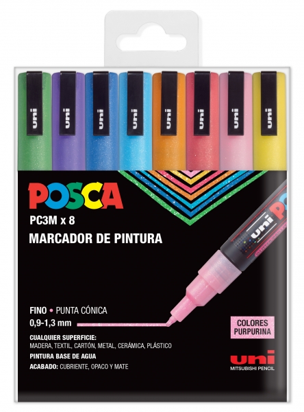 Posca Pc3M Pack De 8 Marcadores De Pintura - Punta Conica 0.9-1.3Mm - Tinta Base Al Agua - Resistente A La Luz - Ideal Para Carteleria Y Decoracion - Colores Purpurina Surtidos