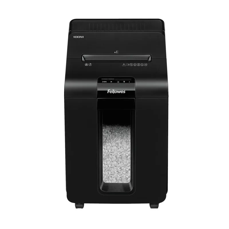 Fellowes AutoMax 100M Destructora de Papel Automática Minicorte P-4, Autoalimentación 100 Hojas, Papelera 23L, Negro
