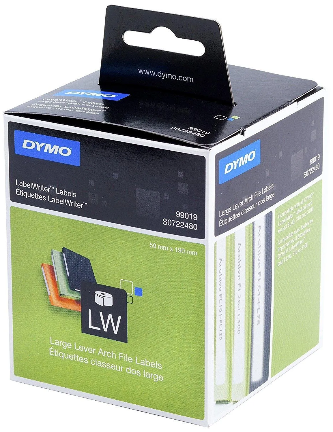 Dymo Etiquetas De Transferencia Termica 99019 - Negro Sobre Blanco - 59X190Mm (Axl) - Etiquetas Grandes  Archivadores De Panlanca Multiusos - Label Writer (Rollo 110Ud)