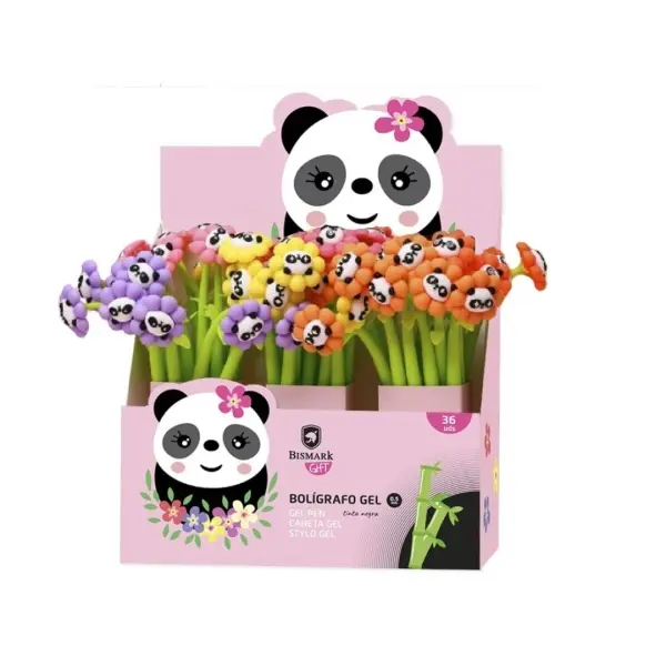 Bismark Panda Bolígrafo Tacto Soft con Flores - Punta Fina Tinta Gel Negra - 6 Diseños