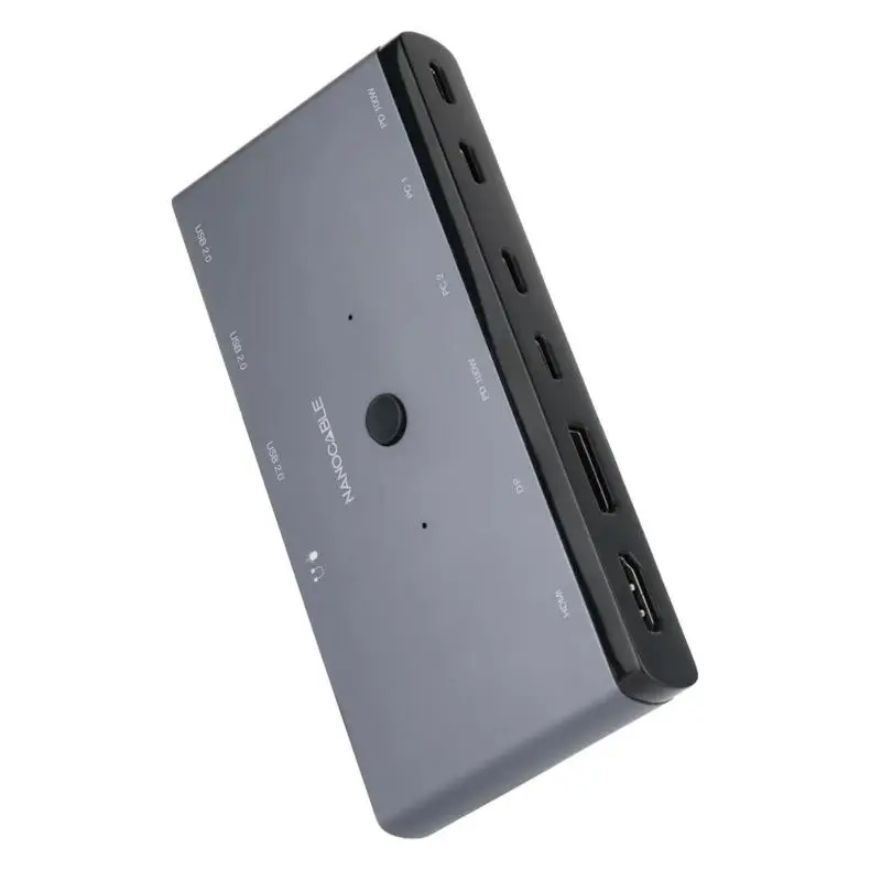 Nanocable Conmutador KVM 1U-2PC HDMI 8K@60Hz, DisplayPort 8K@60Hz, 2xUSB-C, 3xUSB-A, 2xPD 100W, Audio - Gris