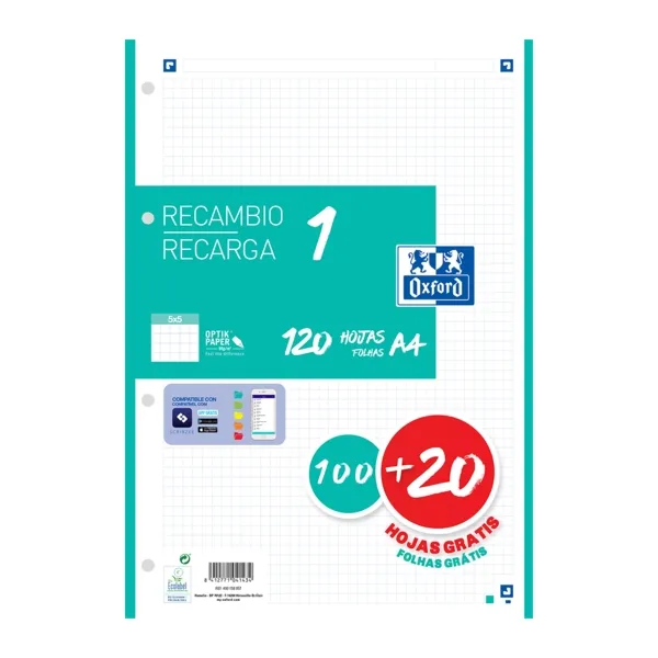 Oxford Recambio Classic 120 Hojas A4 Sueltas 90g 5x5mm 4 Taladros Color Ice Mint