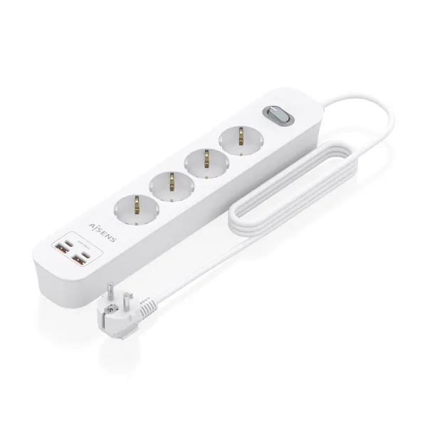 Aisens Regleta Con 4 Tomas Schuko - 2Xusb-C - 2Xusb-A - Cable De 1.4M - Interruptor Con Indicador Led - Power Delivery - Qualcomm 3.0 - Color Blanco